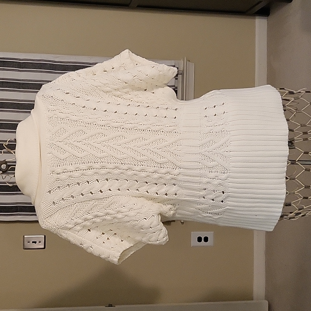 Tommy Hilfiger Cable Knit Sweater. Cream with brown leather trim. Size L - Picture 5 of 10
